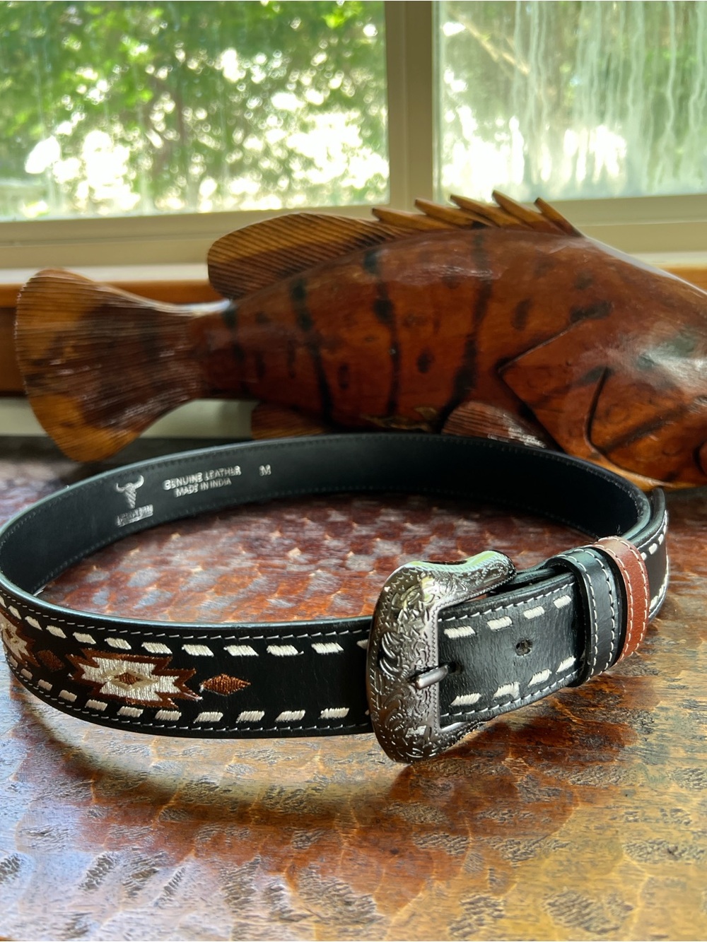 American Bison 🦬 Aztec Western Leather Belt Size Medium Silver Scrolled Buckle